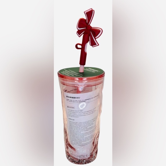 Starbucks Holiday Frosted Rose Tumbler with Lid and Unique Bow Straw Topper - Picture 4 of 6